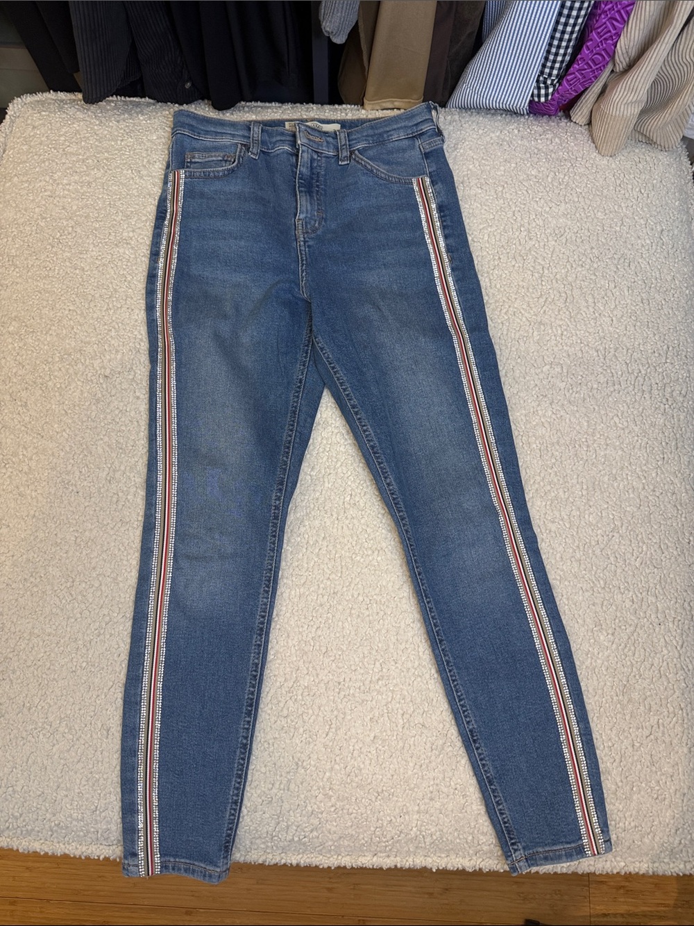 Topshop Blue Skinny Jeans with Red & White Side Stripes